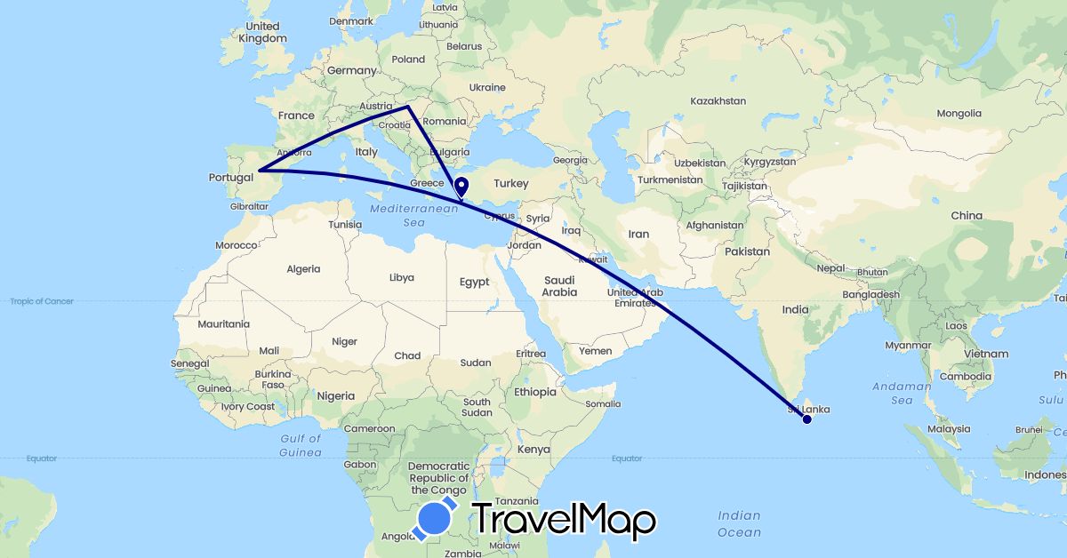 TravelMap itinerary: driving in Spain, Greece, Hungary, Sri Lanka (Asia, Europe)